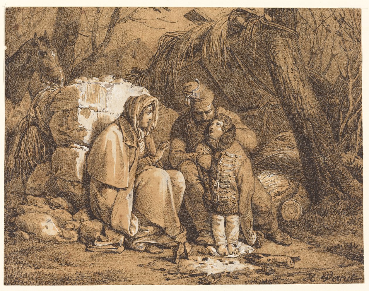 Soldatens familj lägrade av Emile Jean Horace Vernet