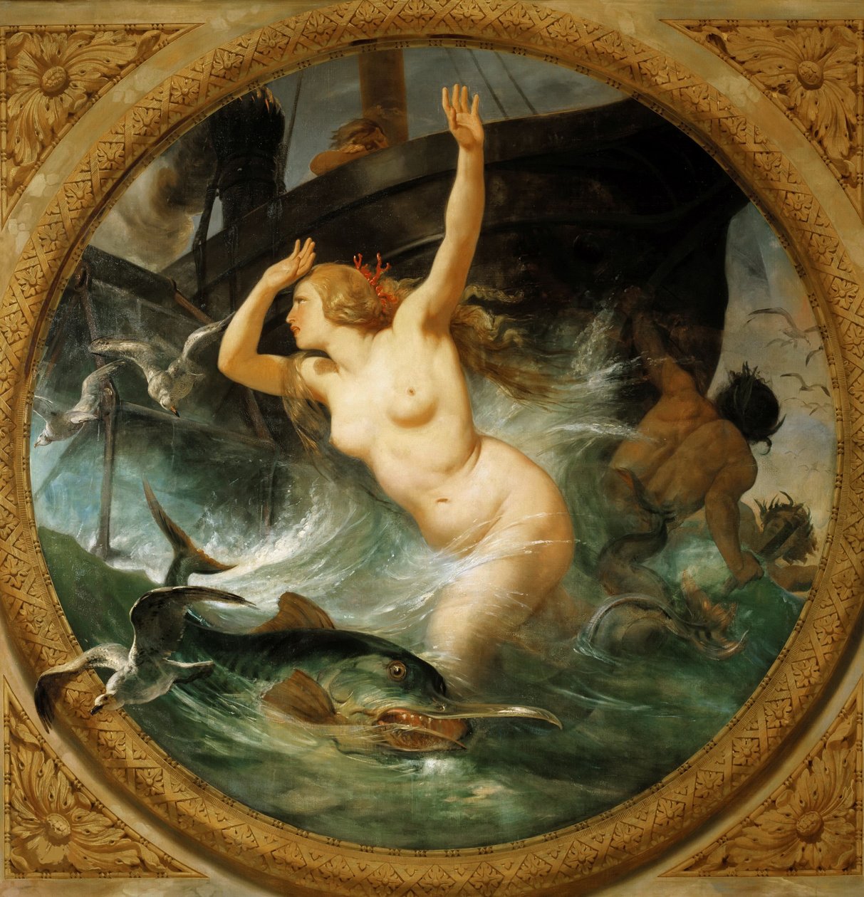 Steam Putting to Flight the Sea Gods Takmålning, Salle des Pas perdus, 1839-1847. av Emile Jean Horace Vernet