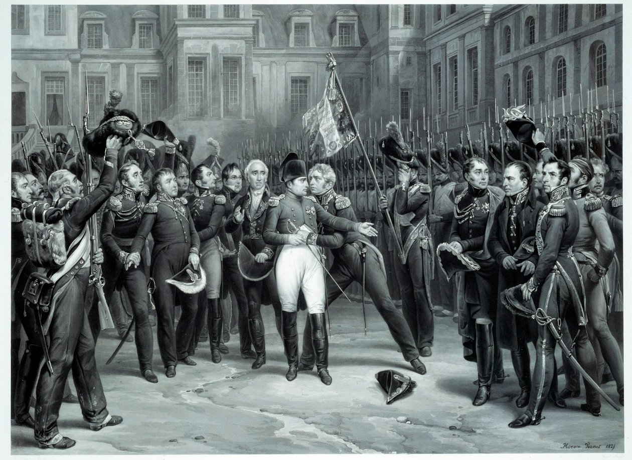 Napoleon Bonapartes (1769-1821) farväl till den kejserliga vakten på gården i Cheval Blanc i Fontainebleau 1814-04-20 Gravyr av Emile Vernet dit Horace Vernet (1789-1863) 1814 Paris, B.N. av Emile Jean Horace Vernet