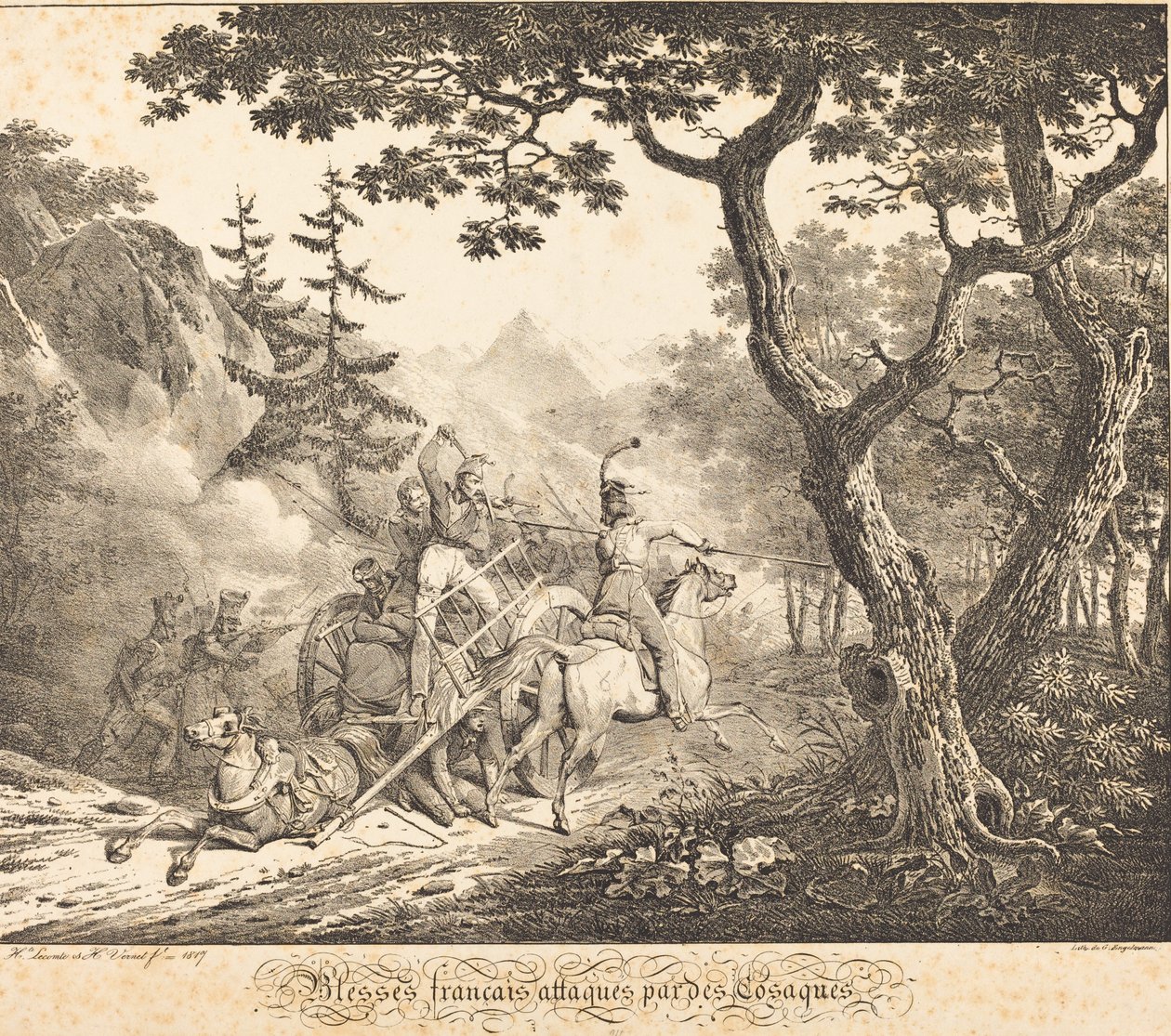 Sårade franska attackerade av en kosack av Horace Vernet and Hippolyte Lecomte