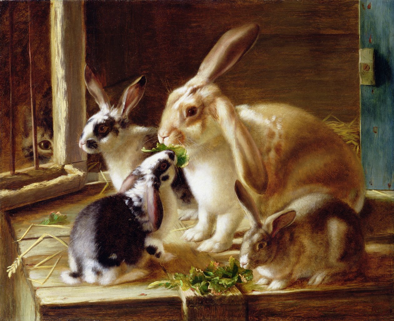 Långörade kaniner i en bur, bevakade av en katt av Horatio Henry Couldery