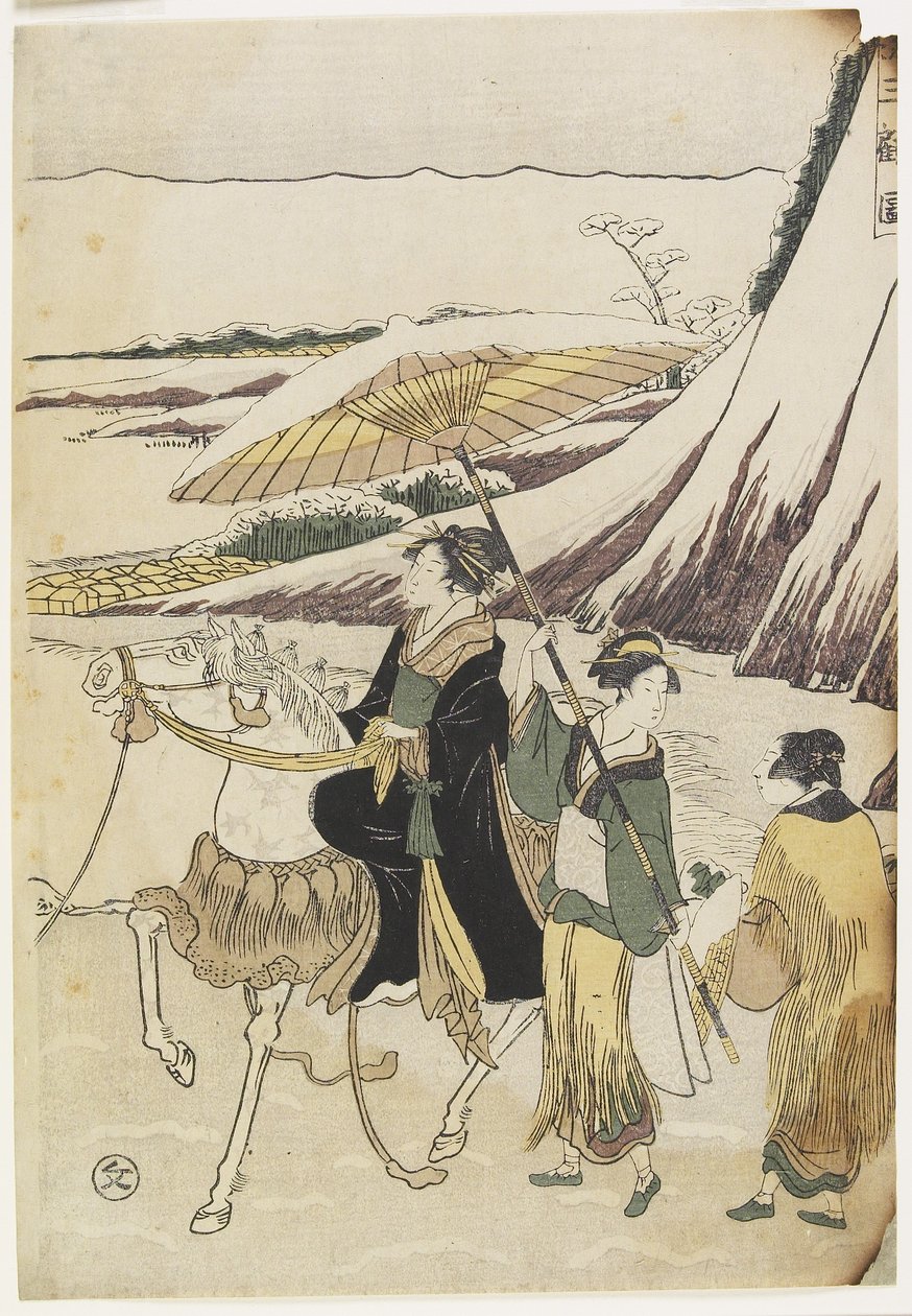 Tre kvinnor som reser genom en ravin, 1794-96 (träblock i färg) av Hosoda Eiri