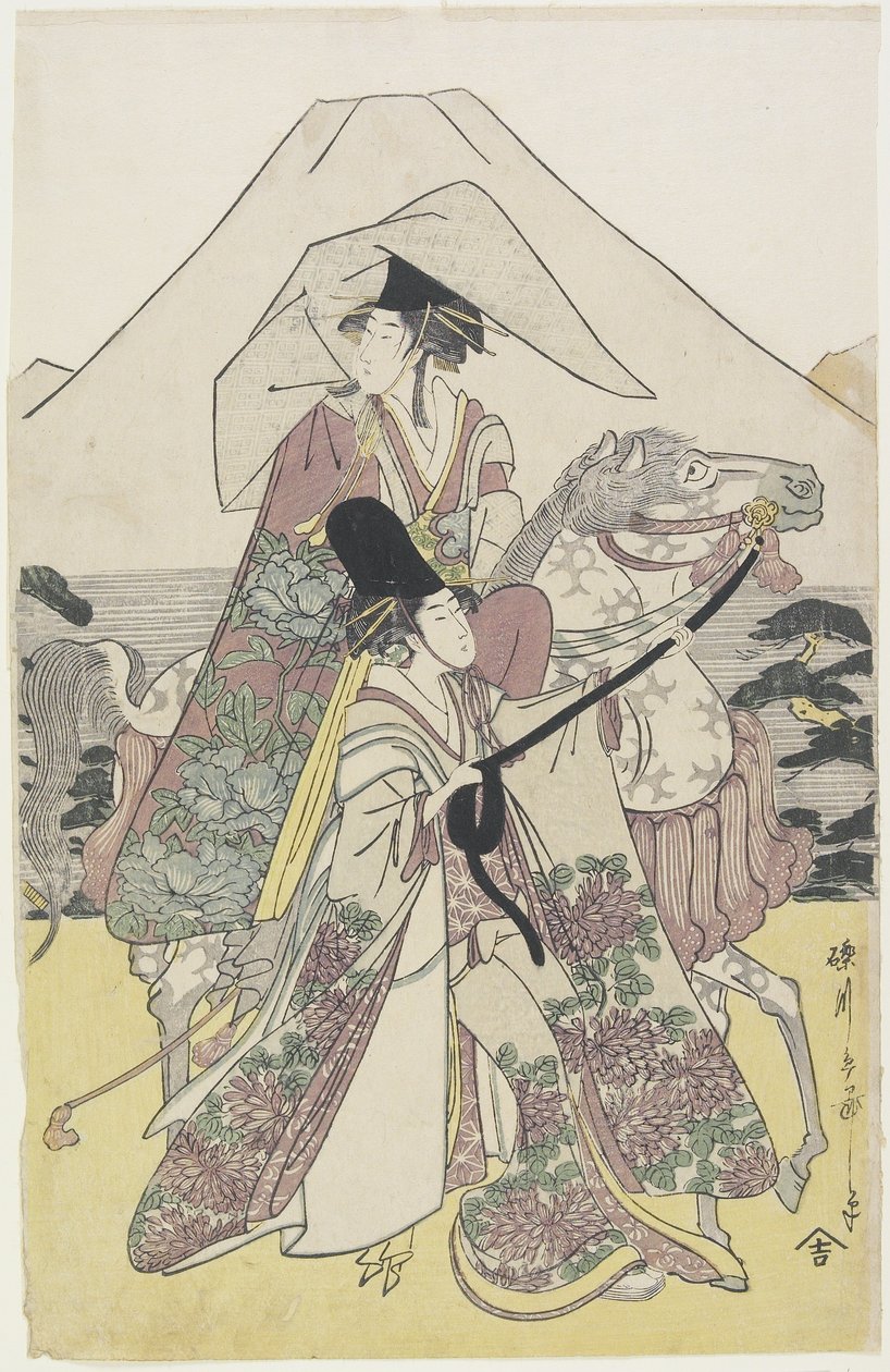 Två kvinnor som reser med häst vid foten av berget Fuji, ca 1790-talet (träblock i färg) av Hosoda Eiri