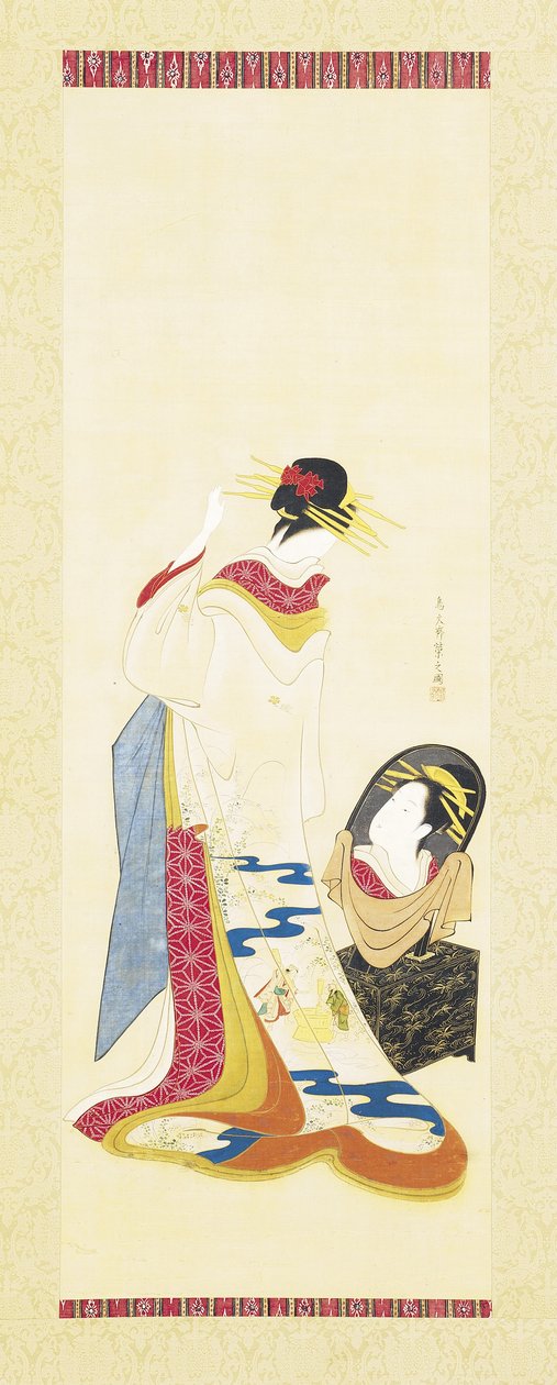 A Beauty Gazing Into A Mirror (bläck och färg på siden) av Hosoda Eishi