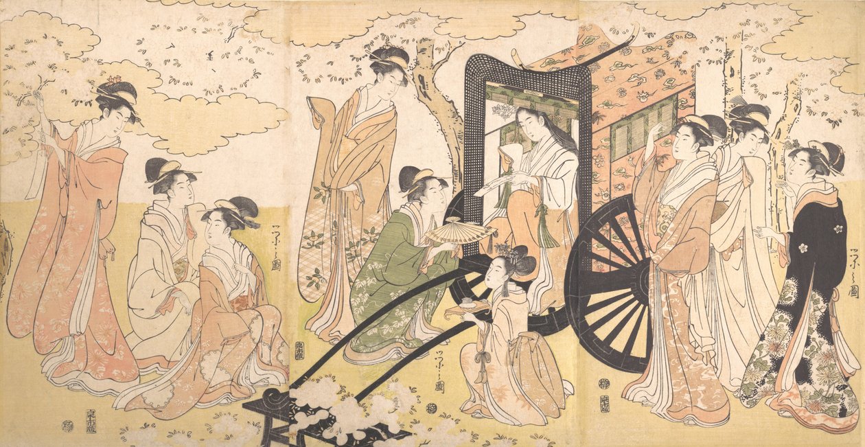 En körsbärsutflykt av en ädel dam och skötare, ca. 1797. av Hosoda Eishi