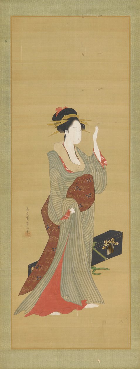 En geisha på väg att justera en sköldpaddshårnål, sent 1700-tal. av Hosoda Eishi