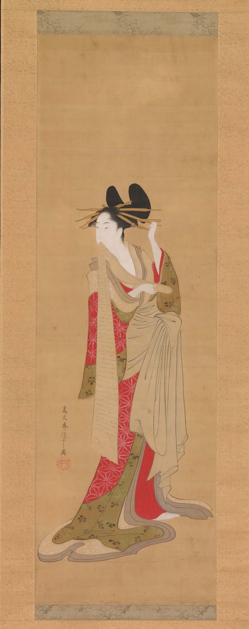 Kurtisan med ett brev i munnen, 1756-1815. av Hosoda Eishi