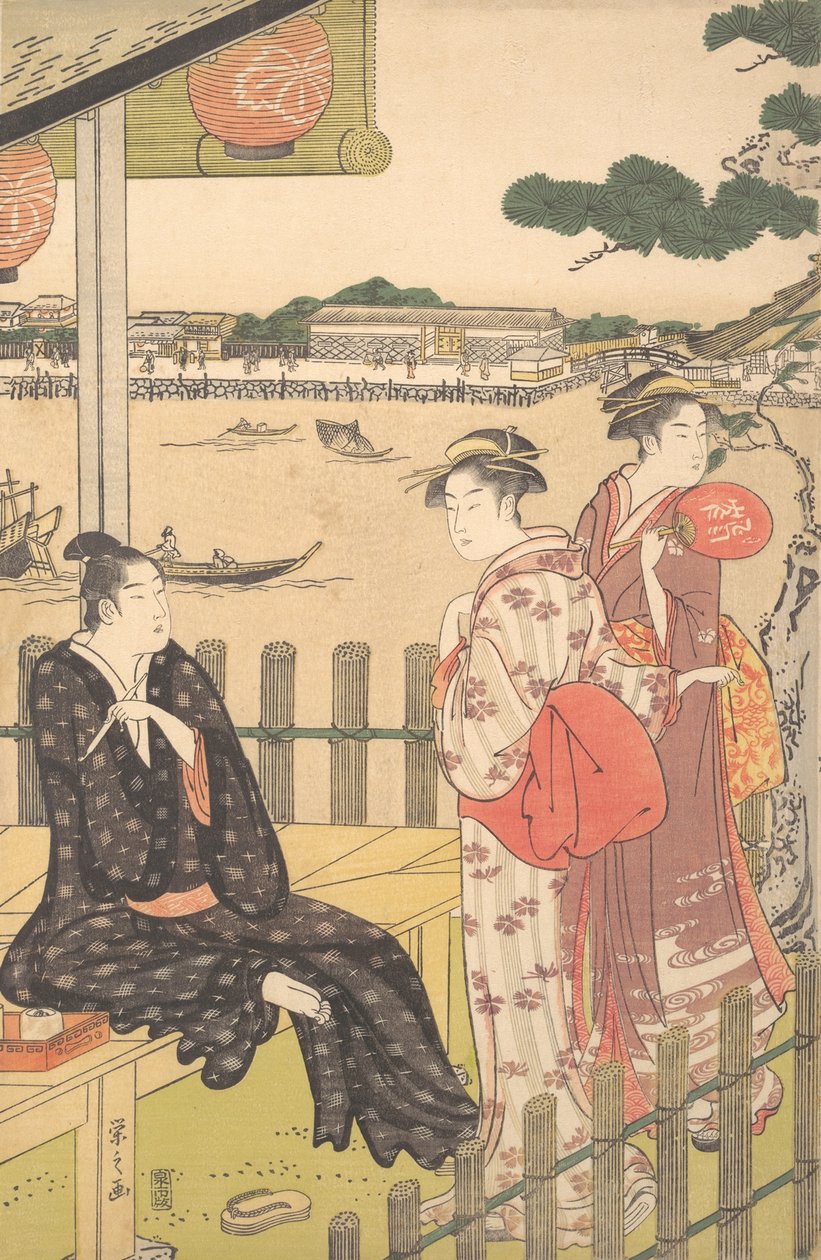 Grupp på ett tehus på stranden av Sumidafloden, ca. 1790. av Hosoda Eishi