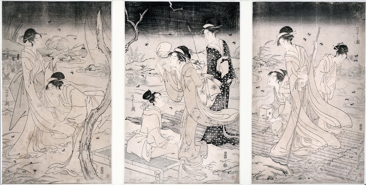 Jaga eldflugor vid mörkrets inbrott, 1796-97 (träblocktryck) av Hosoda Eishi