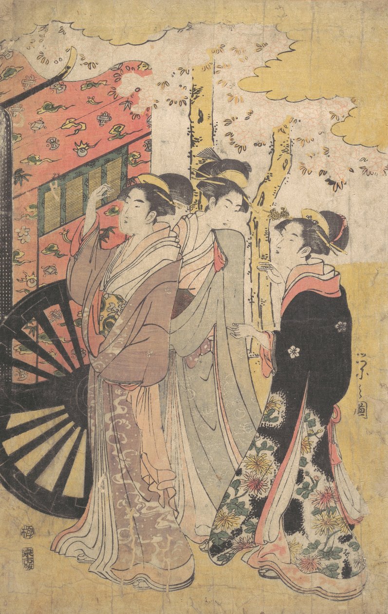 Dam i en domstolsvagn och tittar på Cherry Blossoms, ca. 1796 Kansei 8. av Hosoda Eishi