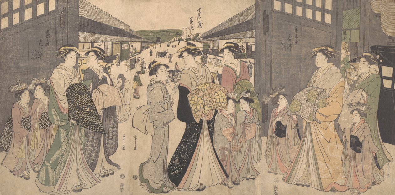 Oiran och skötare vid O Mon eller Great Gate of the Yoshiwara, ca. 1794. av Hosoda Eishi