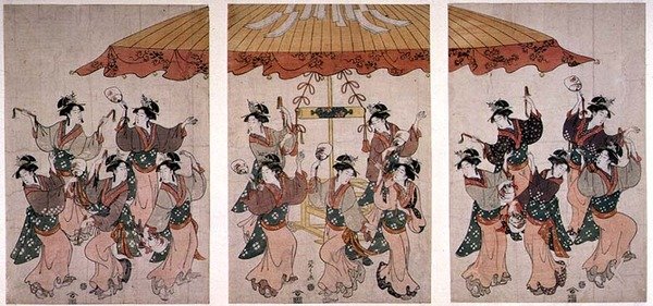 Sumiyoshi-dansen, triptyk, ca 1791 (färgat trätryck) av Hosoda Eishi
