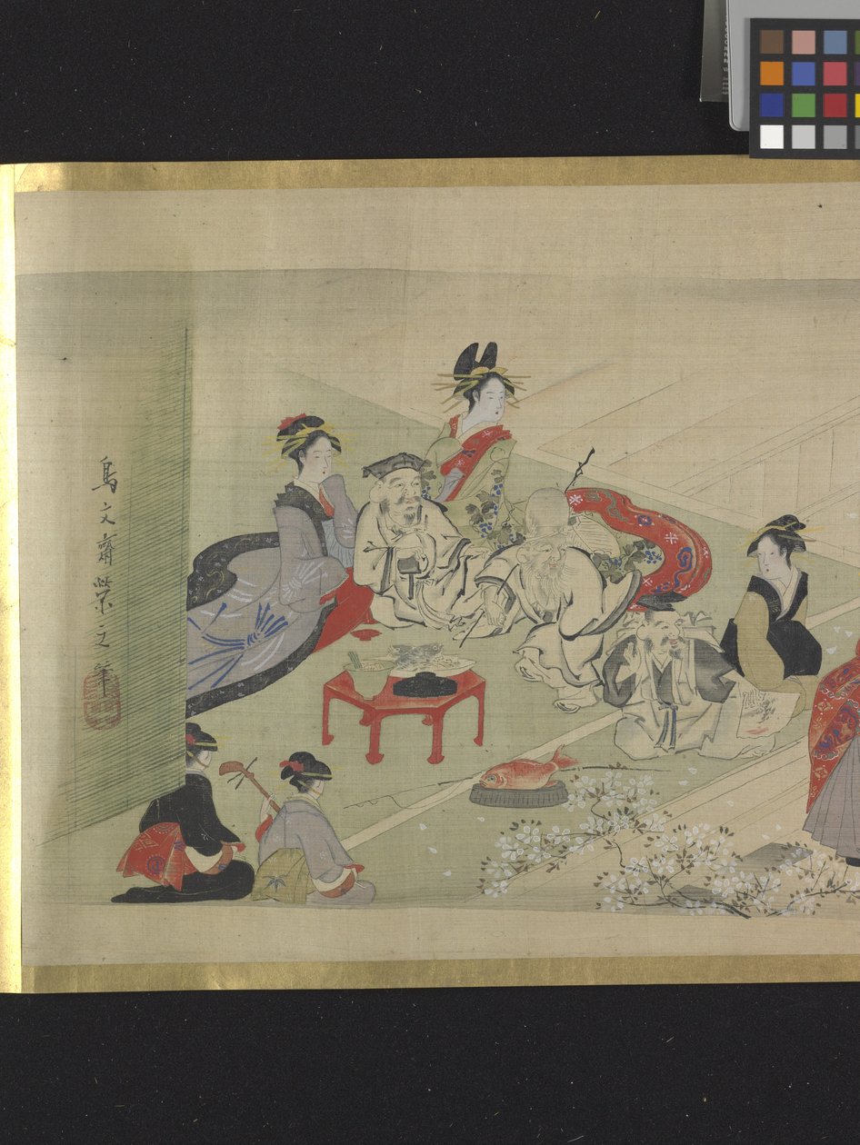 Three Gods Of Fortune On A Pleasure Outing (bläck och ljusa färger på papper) av Hosoda Eishi