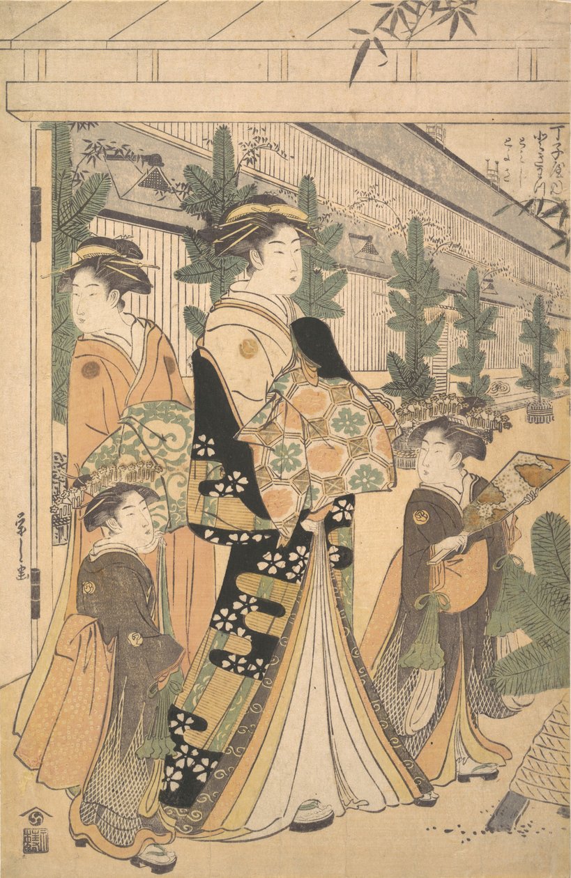 Två Oiran med två kvinnliga skötare i Yoshiwara. av Hosoda Eishi