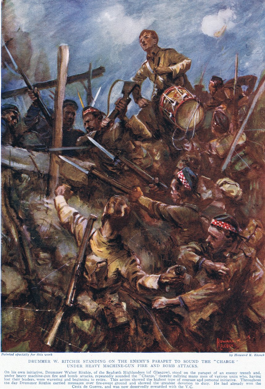 Trummisen W. Ritchie står på fiendens bröstvärn för att ljuda "laddningen" under kraftig maskingeväreld och bombattacker, illustration från "Deeds that Thrill the Empire", publicerad av Hutchinson und Co., av Howard K. Elcock