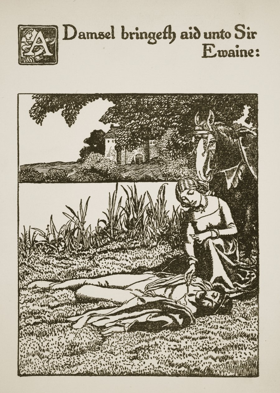 En flicka ger hjälp åt Sir Ewaine, illustration från 