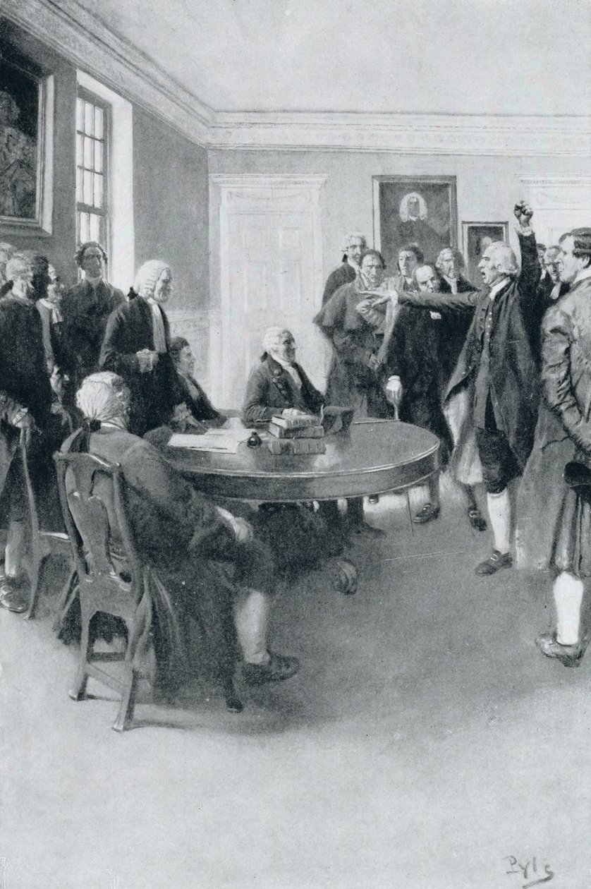 Efter massakern: Samuel Adams kräver av guvernör Hutchinson det omedelbara tillbakadragandet av brittiska trupper, illustration från "Colonies and Nation" av Woodrow Wilson, pub. i Harper