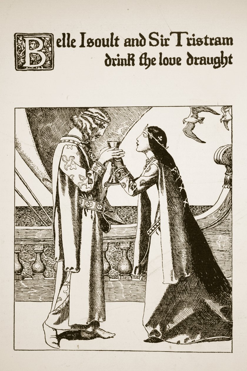 Belle Isoult och Sir Tristram dricker kärleksdrycken, illustration från "The Story of the Champions of the Round Table" (Historien om mästarna vid det runda bordet) av Howard Pyle