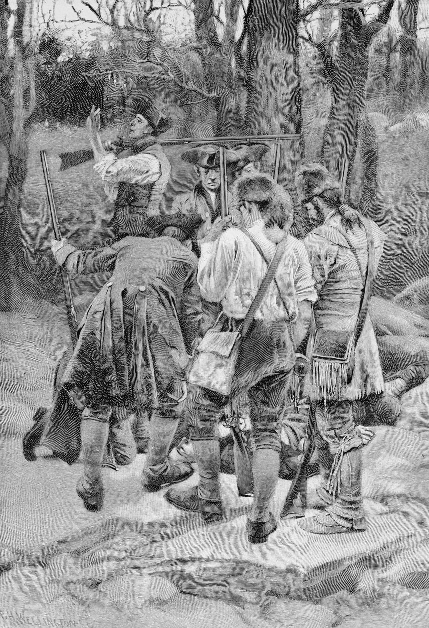 De finner kroppen av en av sina kompanjoner, skalperad och fruktansvärt skadad, graverad av F.H. Wellington, illustration från "On the Outposts - 1780" av Howard Pyle, publicerad i Harper