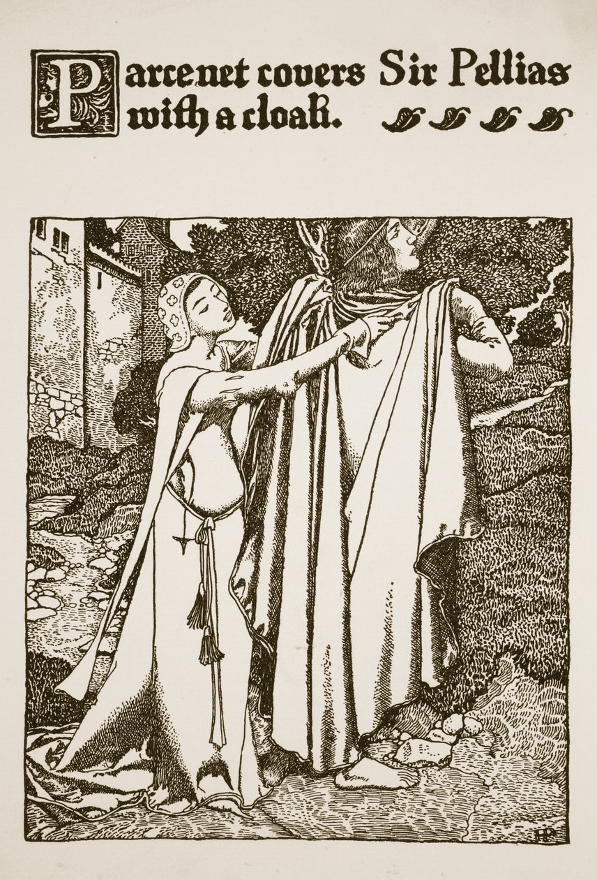 Parcenet täcker Sir Pellias med en kappa, illustration från 