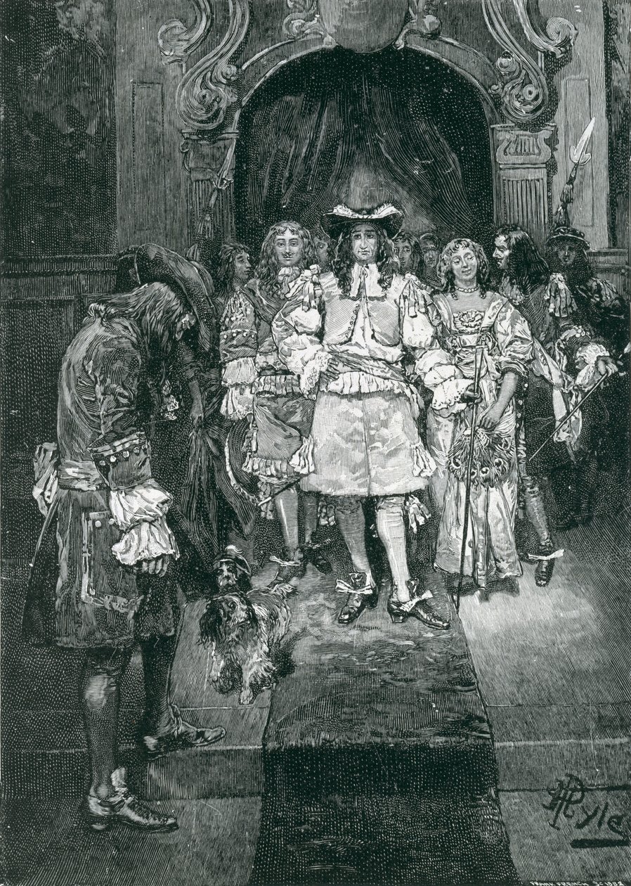 Quaker and King at Whitehall, graverad av Frank French (1850-1933) illustration från "The Early Quakers in England and Pennsylvania" av Howard Pyle, pub. i Harper