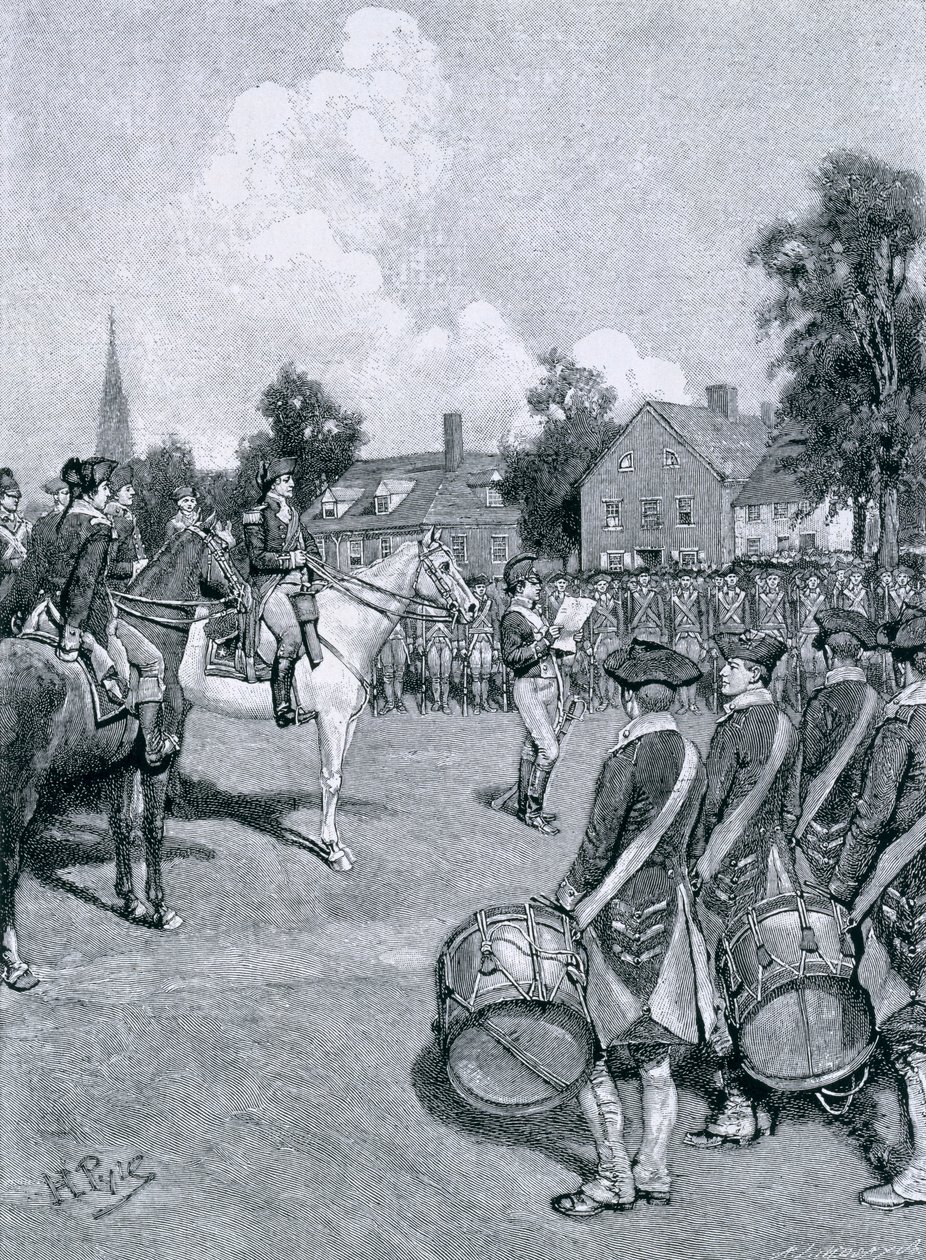Läser deklarationen inför Washingtons armé, New York, den 9 juli 1776, illustration från "Hur deklarationen togs emot i de gamla tretton" av Charles D. Deshler, pub. i Harper