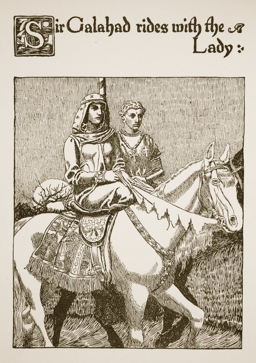 Sir Galahad rider med damen, illustration från "The Story of the Grail and the Passing of Arthur", omkring 1910. av Howard Pyle