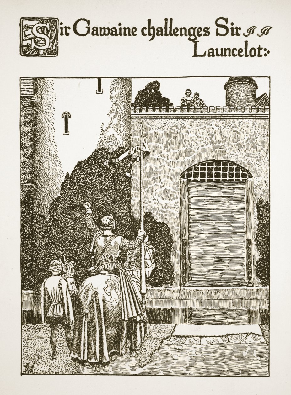 Sir Gawaine utmanar Sir Launcelot, illustration från 