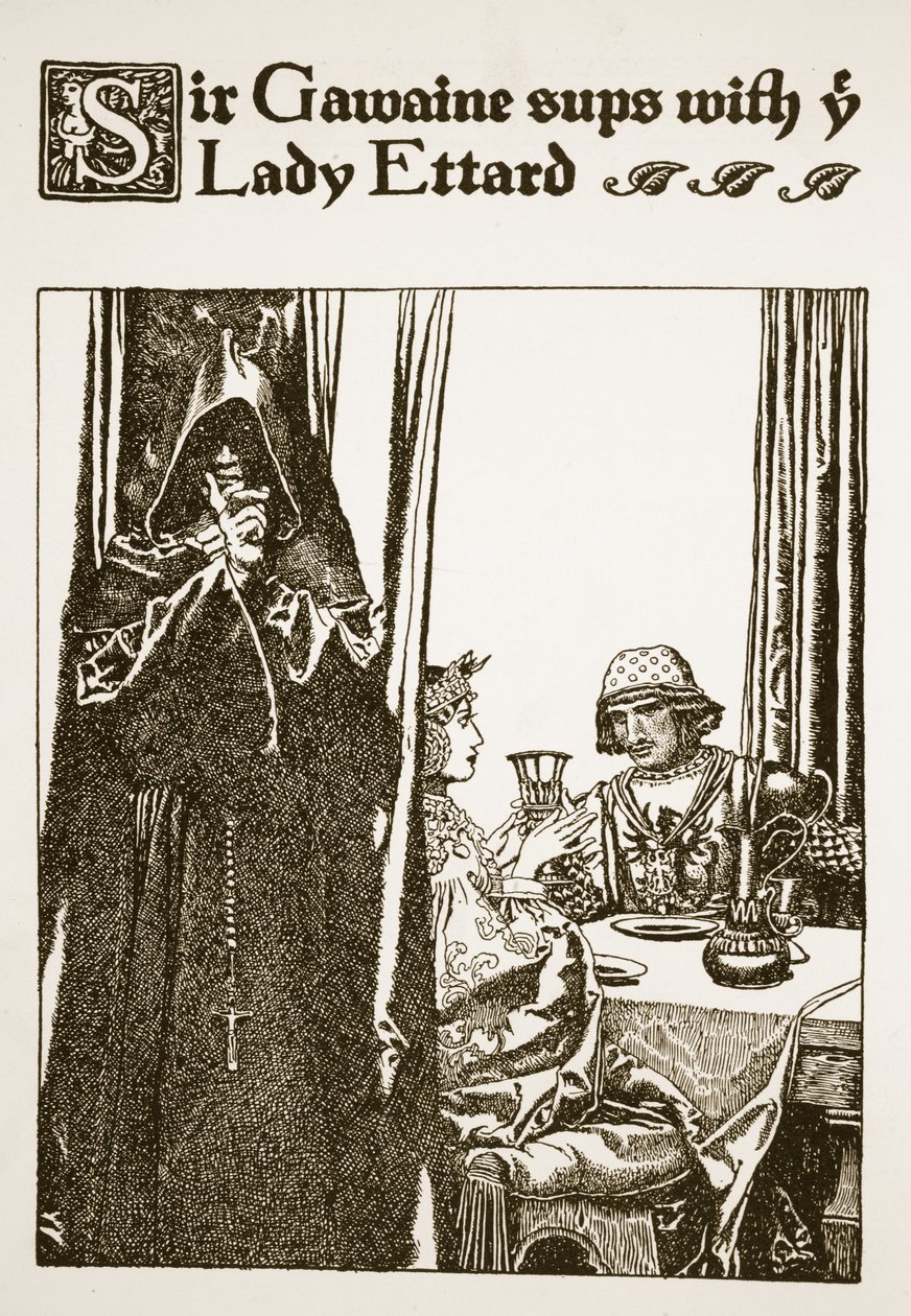 Sir Gawaine sups med dig Lady Ettard, illustration från 