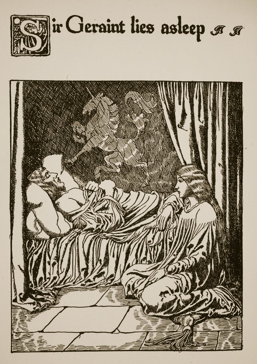 Sir Geraint ligger och sover, illustration från 