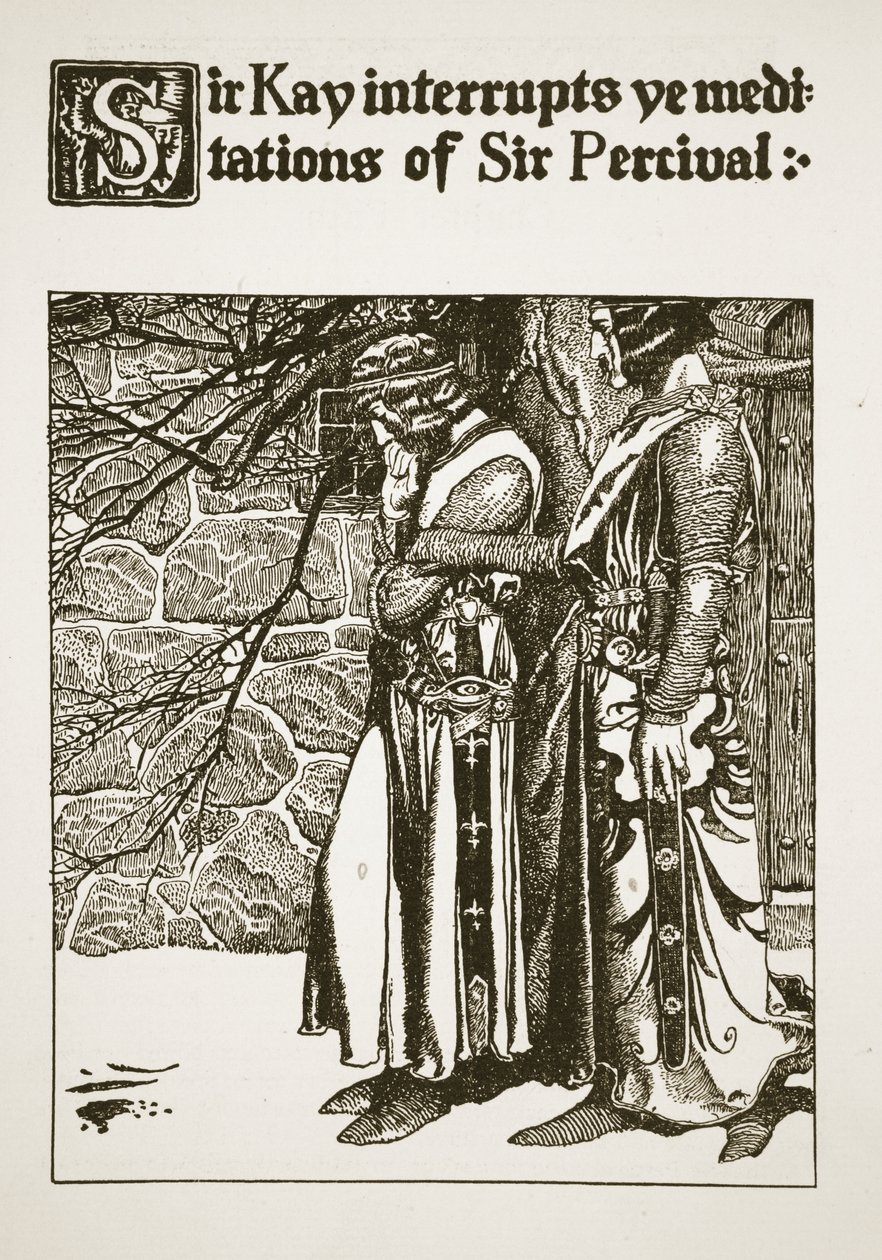 Sir Kay avbryter Sir Percivals meditationer, illustration från "Historien om mästarna vid det runda bordet". av Howard Pyle