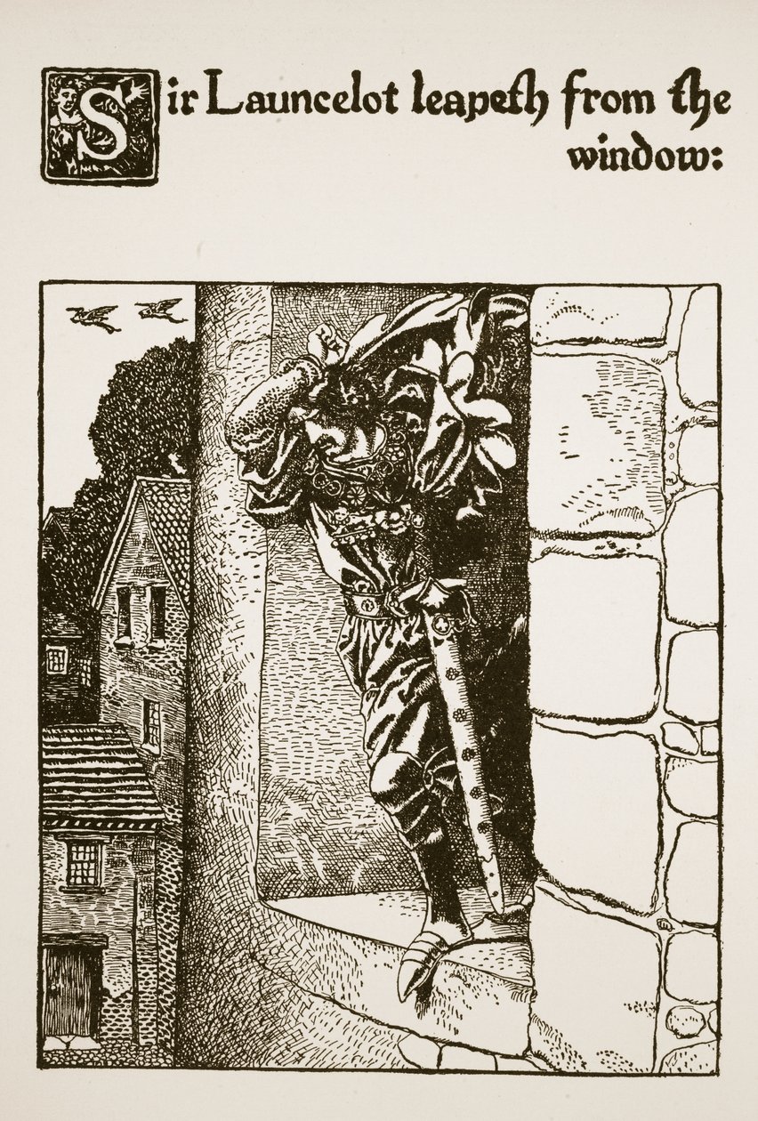 Sir Launcelot hoppar från fönstret, illustration från 