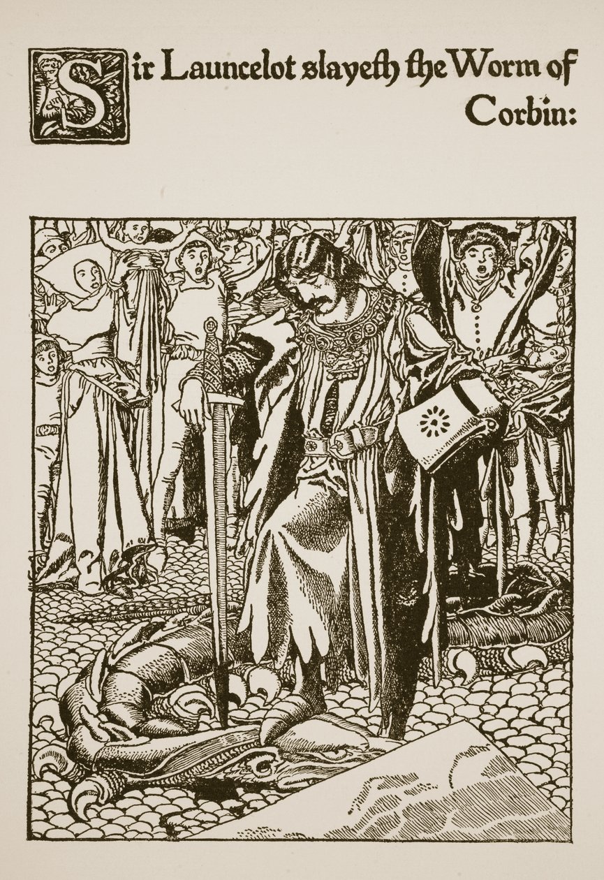 Sir Launcelot dödar Corbins orm, illustration från "The Story of Sir Launcelot and his Companions", 1907 av Howard Pyle