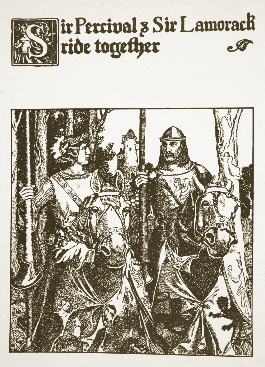 Sir Percival och Sir Lamorack rider tillsammans, illustration från "The Story of the Champions of the Round Table" av Howard Pyle