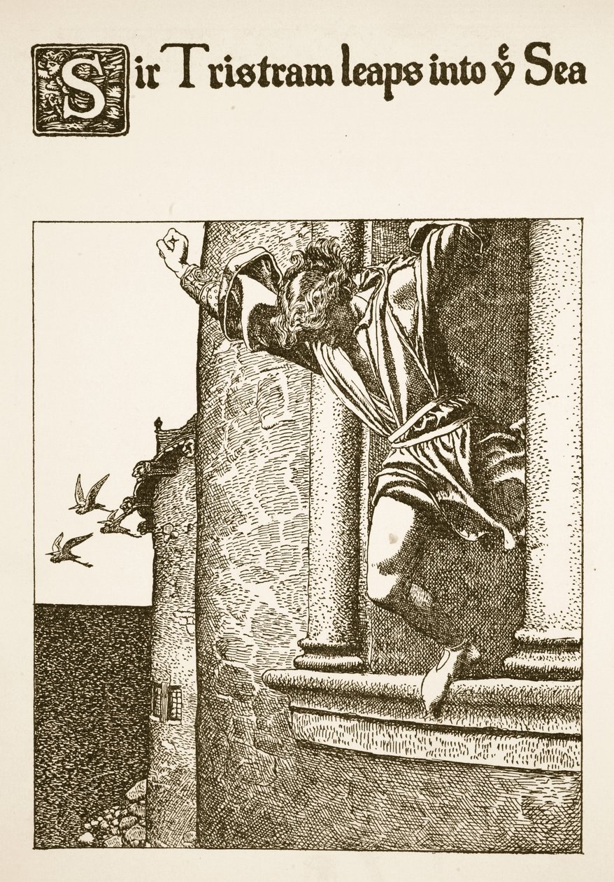 Sir Tristram hoppar i havet, illustration från "Historien om mästarna vid det runda bordet". av Howard Pyle