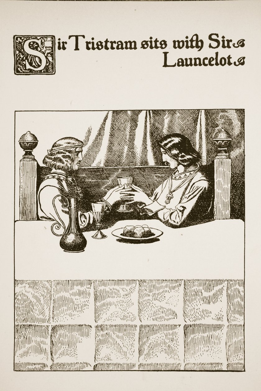 Sir Tristram sitter tillsammans med Sir Launcelot, illustration från "Historien om mästarna vid det runda bordet". av Howard Pyle