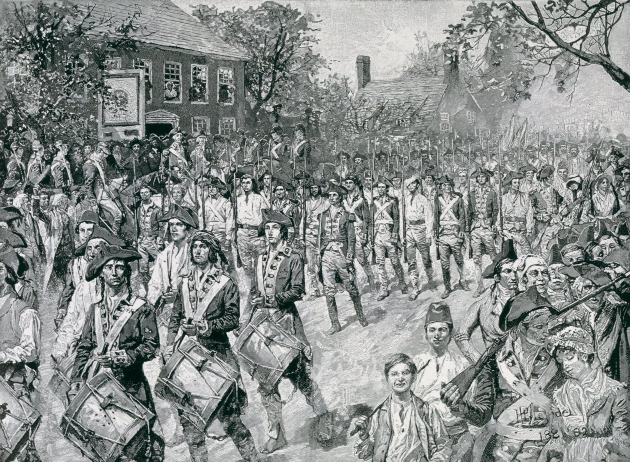 Den kontinentala armén som marscherar ner den gamla Boweryen, New York, 25 november 1783, illustration från "evakueringen, 1783" av Eugene Lawrence, pub. i Harper