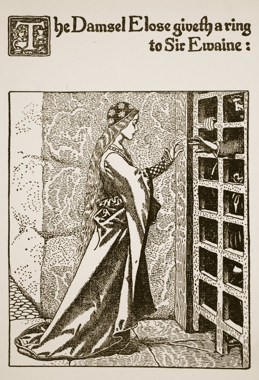 Fröken Elose ger en ring till Sir Ewaine, illustration från "The Story of Sir Launcelot and his Companions", 1907 av Howard Pyle