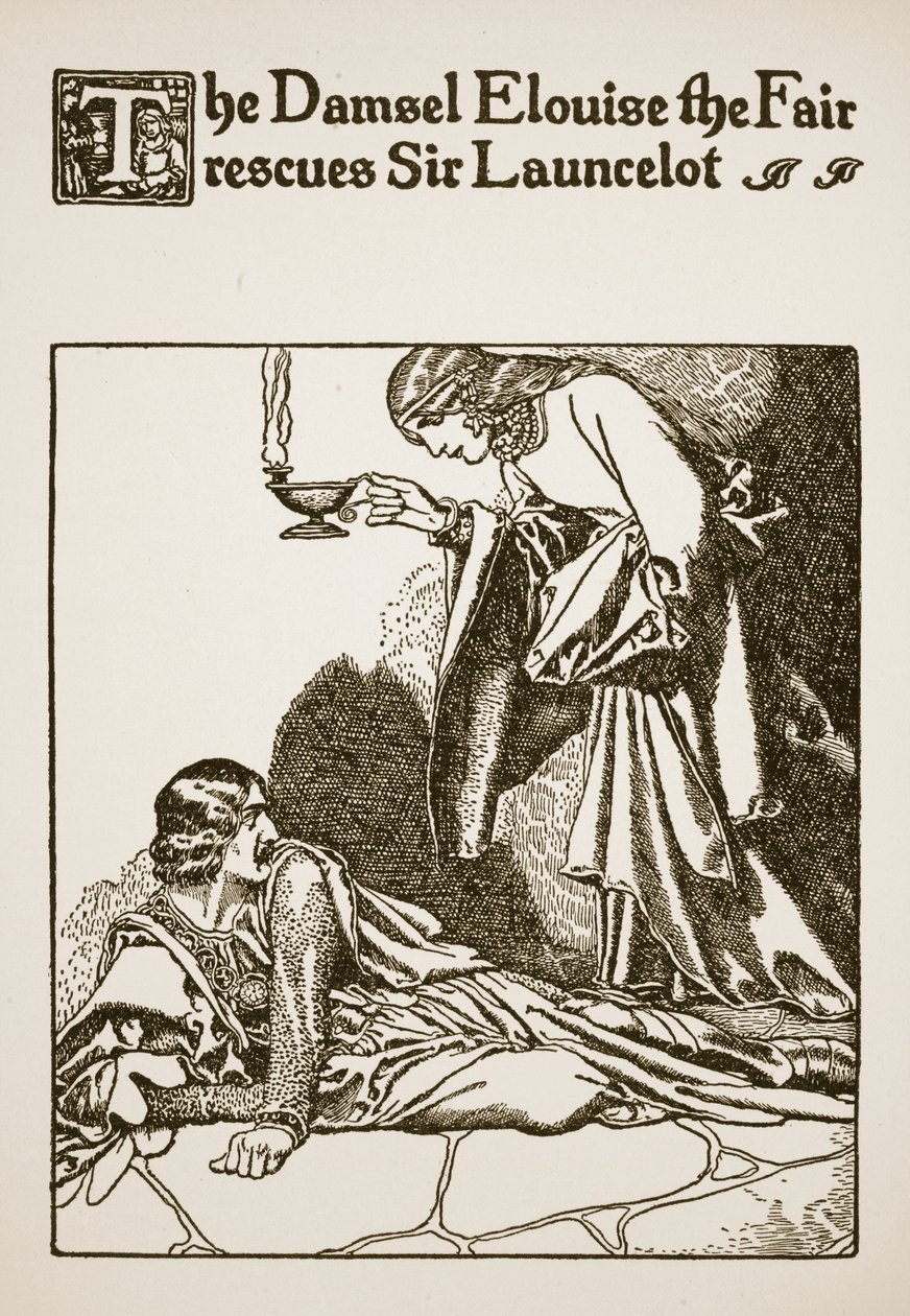 Fröken Elouise den sköna räddar Sir Launcelot, illustration från "The Story of Sir Launcelot and his Companions", 1907 av Howard Pyle