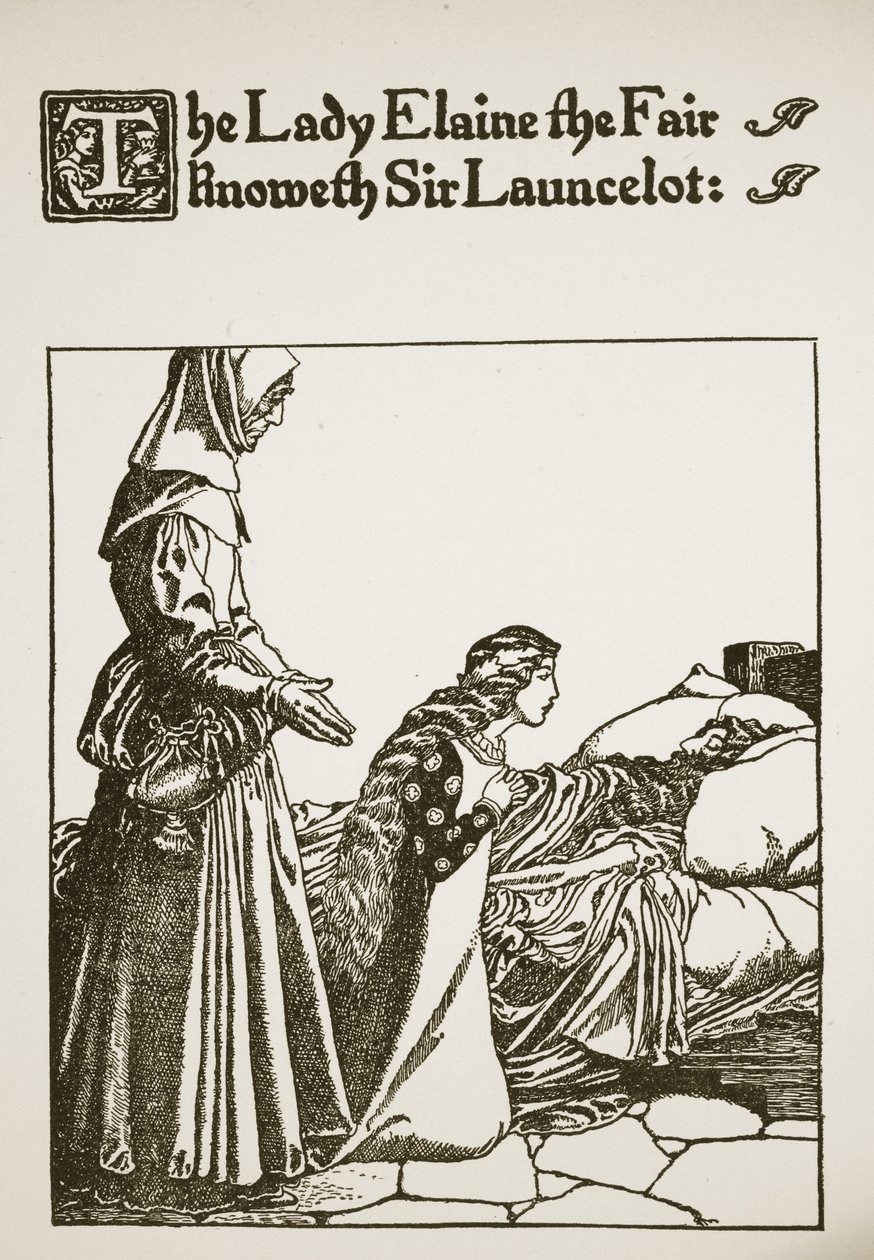 Lady Elaine the Fair känner till Sir Launcelot, illustration från 