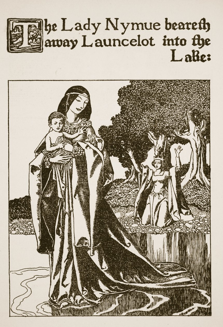 Lady Nymue bär Launcelot till sjön, illustration från "The Story of the Champions of the Round Table" (Historien om mästarna vid det runda bordet) av Howard Pyle