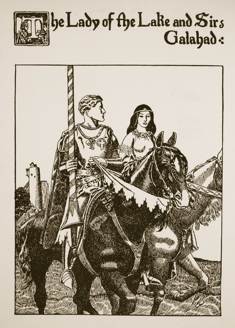 Sjödamen och Sir Galahad, illustration från "The Story of the Grail and the Passing of Arthur", ca 1910 av Howard Pyle
