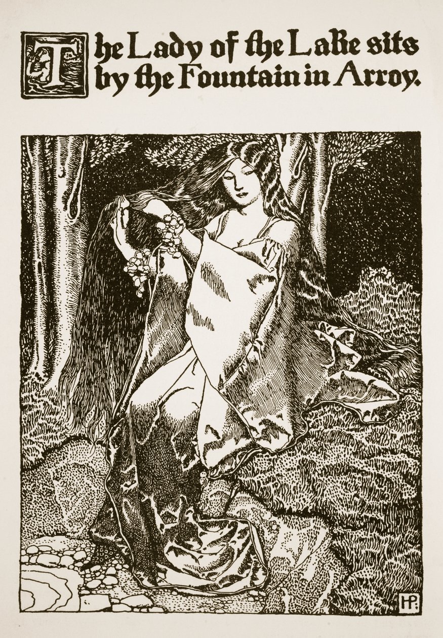 Sjöns dam sitter vid fontänen i Arroy, illustration från "The Story of King Arthur and his Knights", 1903 av Howard Pyle
