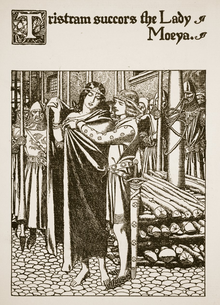 Tristram hjälper Lady Moeya, illustration från "Historien om mästarna vid det runda bordet". av Howard Pyle