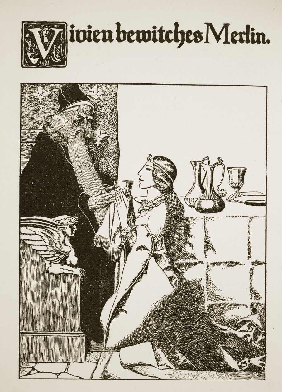 Vivien förhäxar Merlin, illustration från 