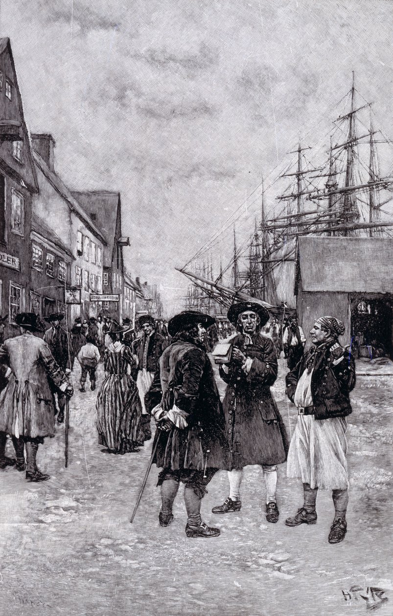 Längs vattnet beklär i gamla New York, illustration från "Evolutionen av New York" av Thomas A. Janvier, pub. i Harper