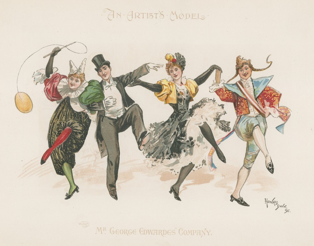 En grupp med två män och två kvinnor, alla klädda i kostym, dansar (färglitografi) av Howard Davie