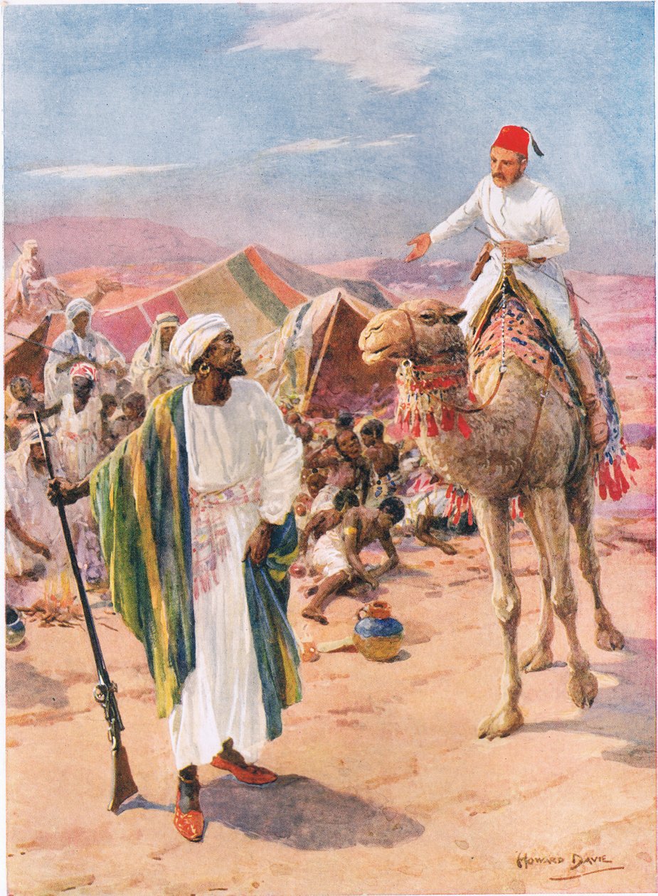 "Ensam och obeväpnad Gordon red in i slaverslägret", illustration från "Modiga gärningar av modiga män" av C. Sheridan Jones, pub. 1922 (lito) av Howard Davie