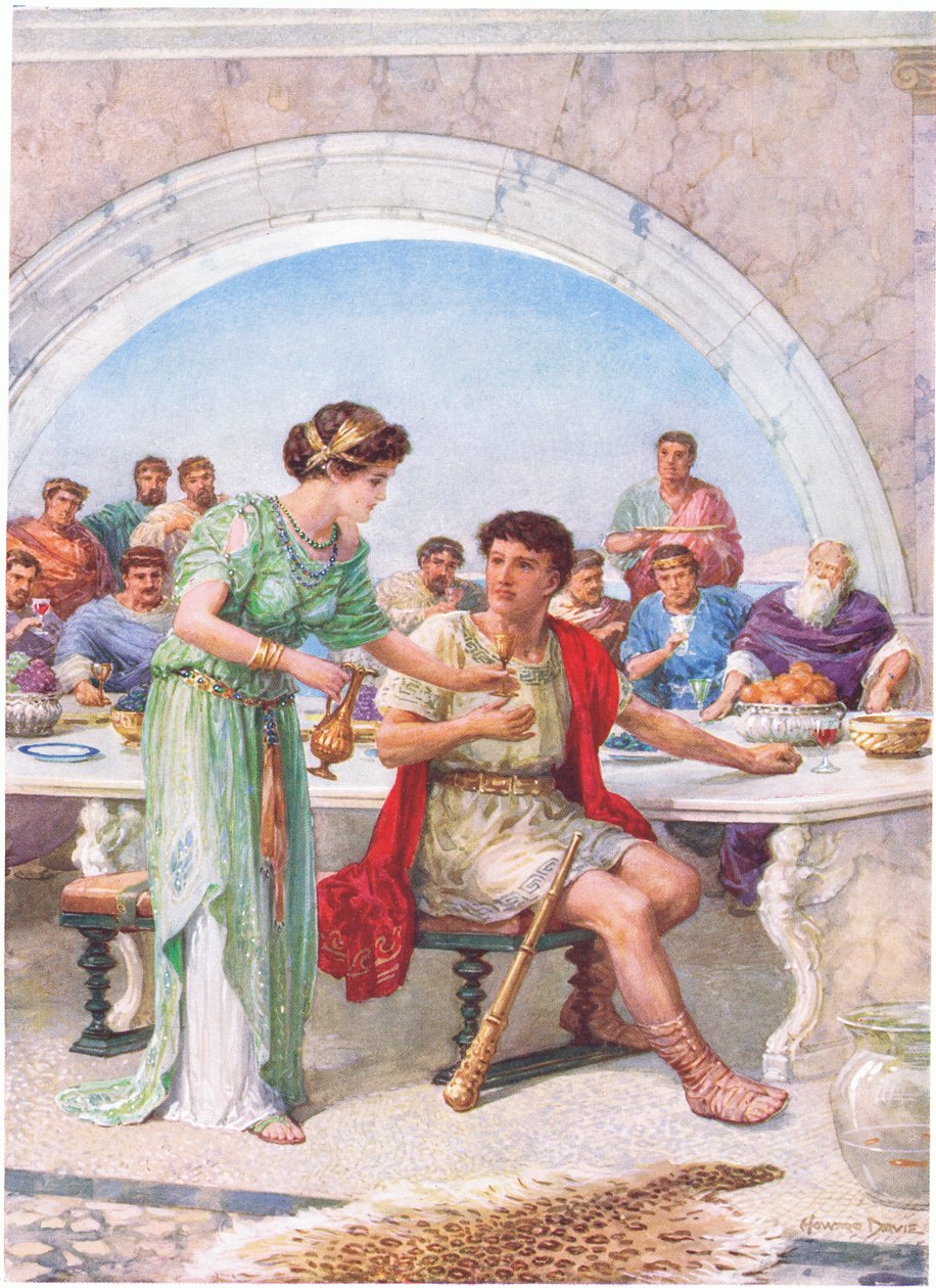 "När han tittade, krympte han och ryste", illustration för "Hur Theseus dödade människornas slukare", från The Heroes of Greek Fairy Tales, av Charles Kingsley (1819-75) (färg litho) av Howard Davie