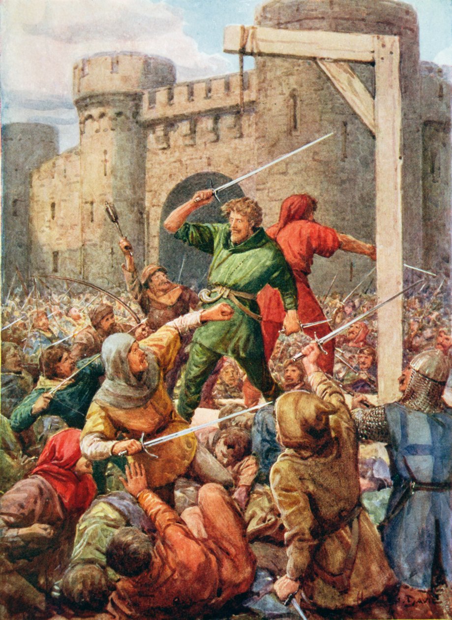 Rygg mot rygg stod de oförskämda två, illustration från "Robin Hood and his Life in the Merry Greenwood", berättad av Rose Yeatman Woolf, publicerad av Raphael Tuck av Howard Davie